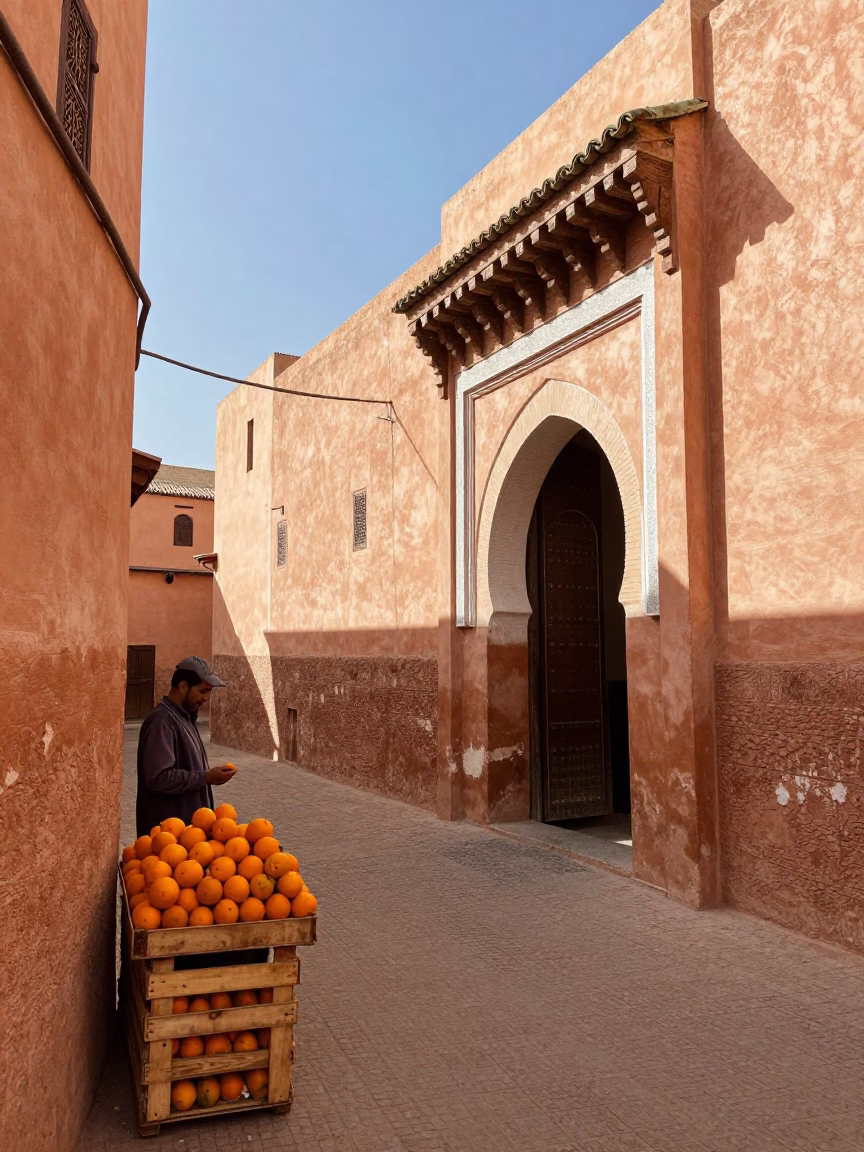 Marrakech Morocco midmorning street scene with oranges and traditional architecture in in Marrakech, Morocco