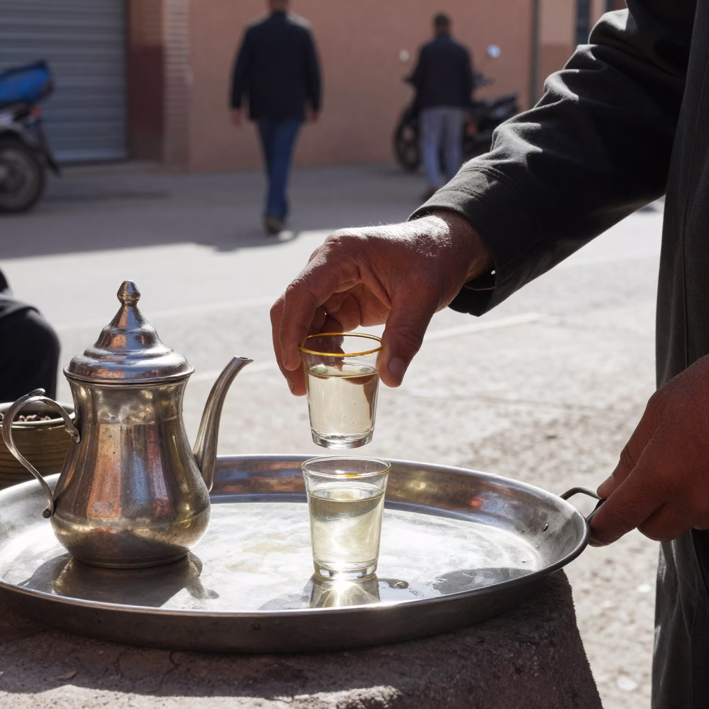 Marrakech Morocco midmorning street scene with traditional tea service and local commerce in in Marrakech, Morocco
