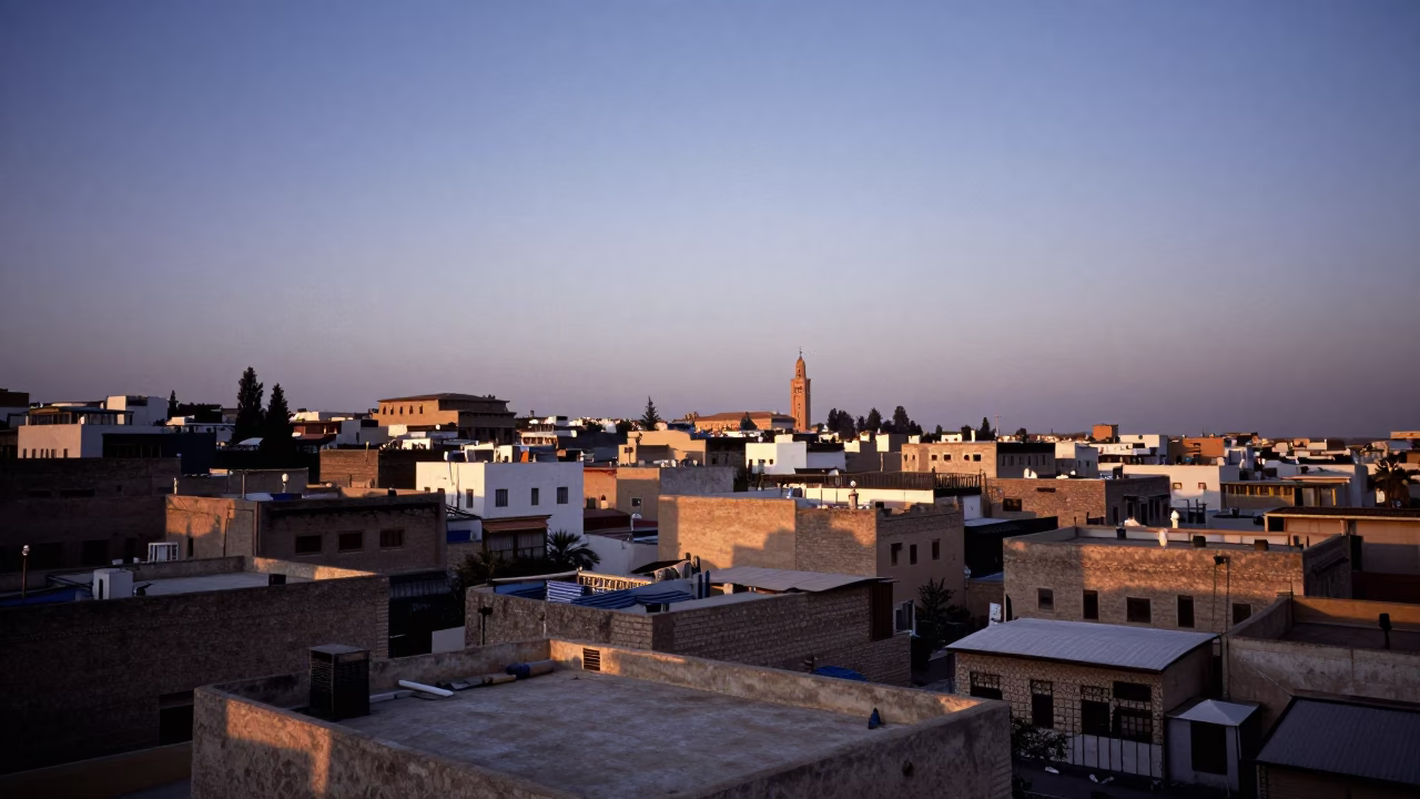 Marrakech Morocco Nautical Dawn Cityscape with Traditional Rooftops and Distant Minarets in in Marrakech, Morocco