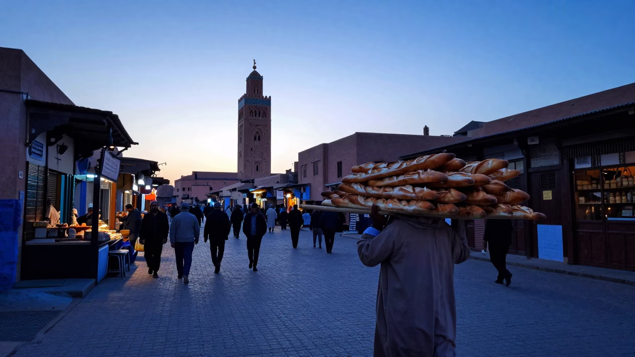 Marrakech Morocco Nautical Dawn Street Scene with Baguettes and Traditional Architecture in in Marrakech, Morocco