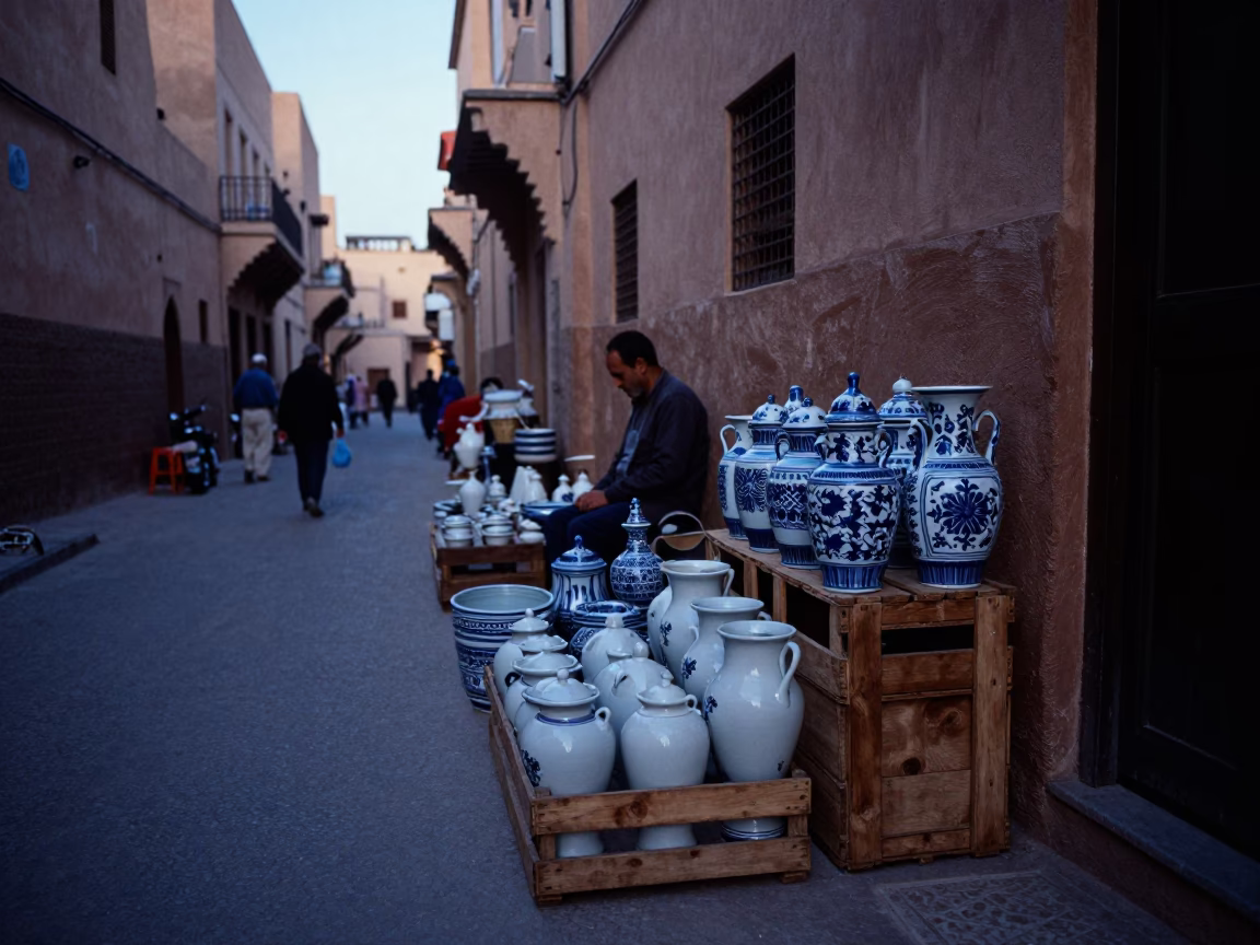 Marrakech Morocco Nautical Dawn Street Scene with Blue Porcelain Jar in in Marrakech, Morocco