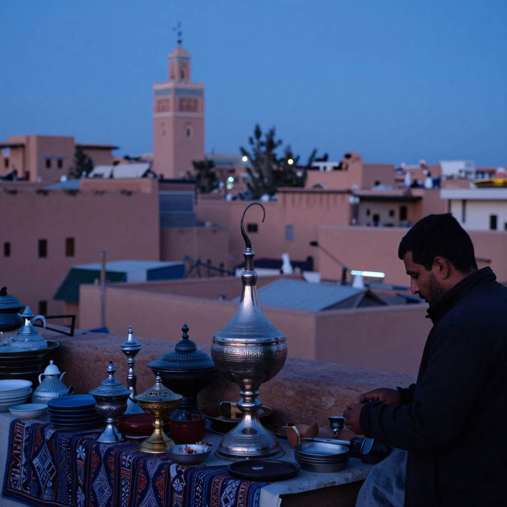 Marrakech Morocco Nautical Dawn Street Scene with Traditional Incense Holder in in Marrakech, Morocco