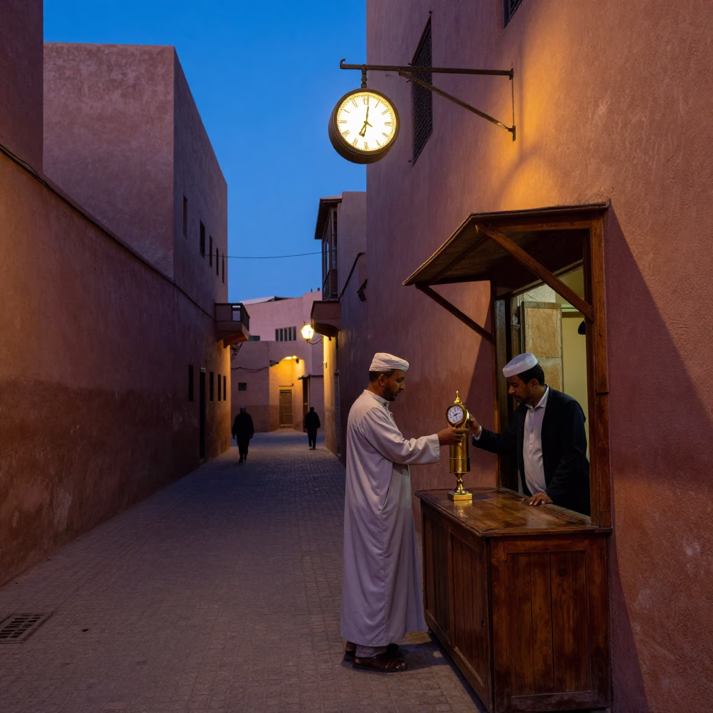 Marrakech Morocco Nautical Dawn Street Scene with Vintage Clock and Glass Hook in in Marrakech, Morocco