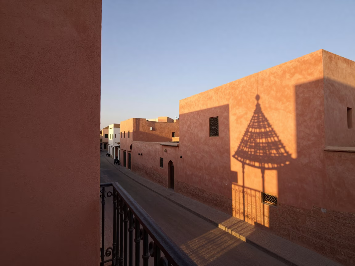 Marrakech Morocco Nautical Dawn Street Scene with Wicker Shadow on Rail in in Marrakech, Morocco