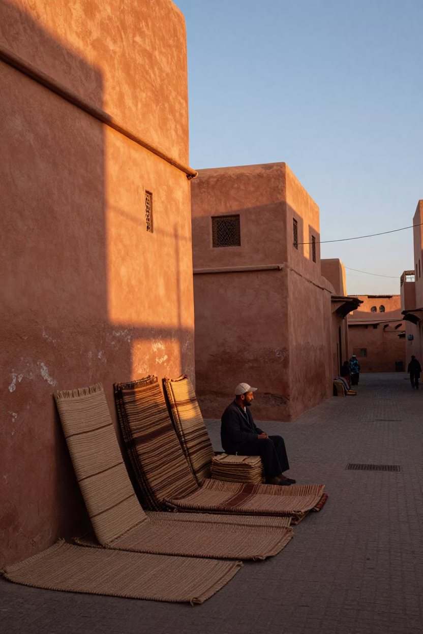 Marrakech Morocco Nautical Dawn Street Scene with Woven Mats and Rusty Mirror in in Marrakech, Morocco