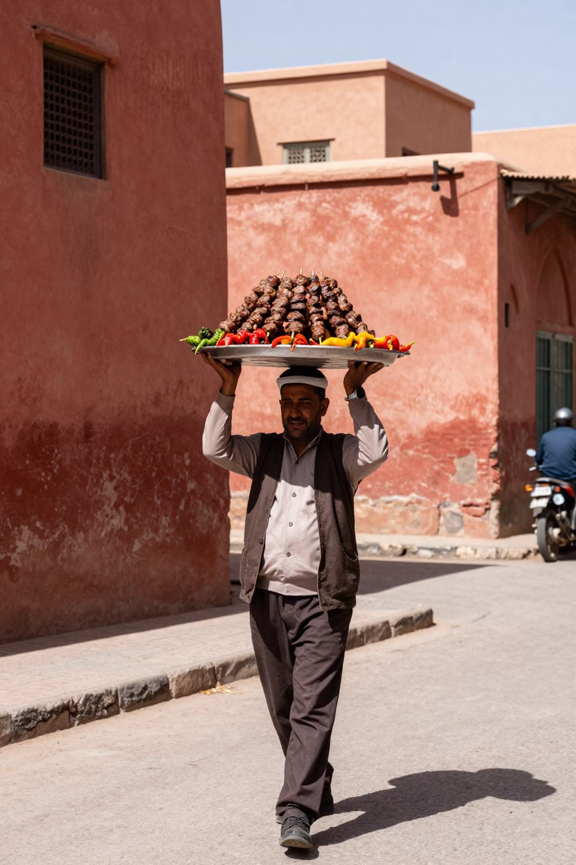 Marrakech Morocco noon street scene with kofte tray and traditional pottery in in Marrakech, Morocco