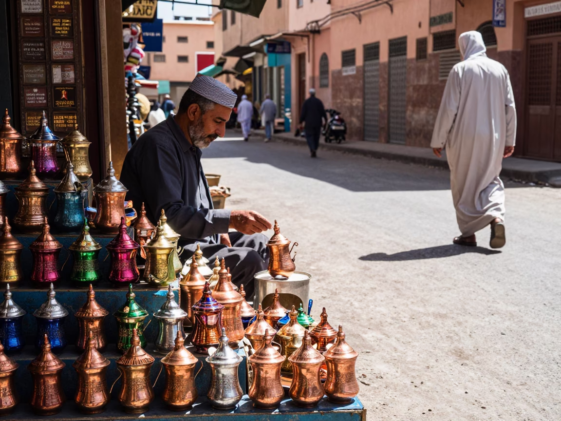 Marrakech Morocco noon street scene with tea tins and local commerce in in Marrakech, Morocco