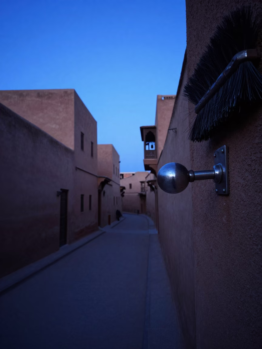 Marrakech Morocco Pre-Dawn Street Scene with Doorknob and Brushed Steel Elements in in Marrakech, Morocco