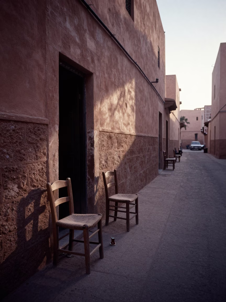 Marrakech Morocco Pre-Dawn Street Scene with Dusty Chair and Tea Stains in in Marrakech, Morocco
