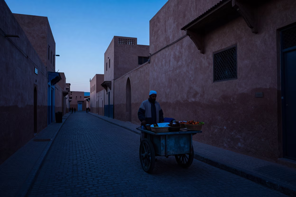 Marrakech Morocco Pre-Dawn Street Scene with Local Vendor and Early Morning Light in in Marrakech, Morocco