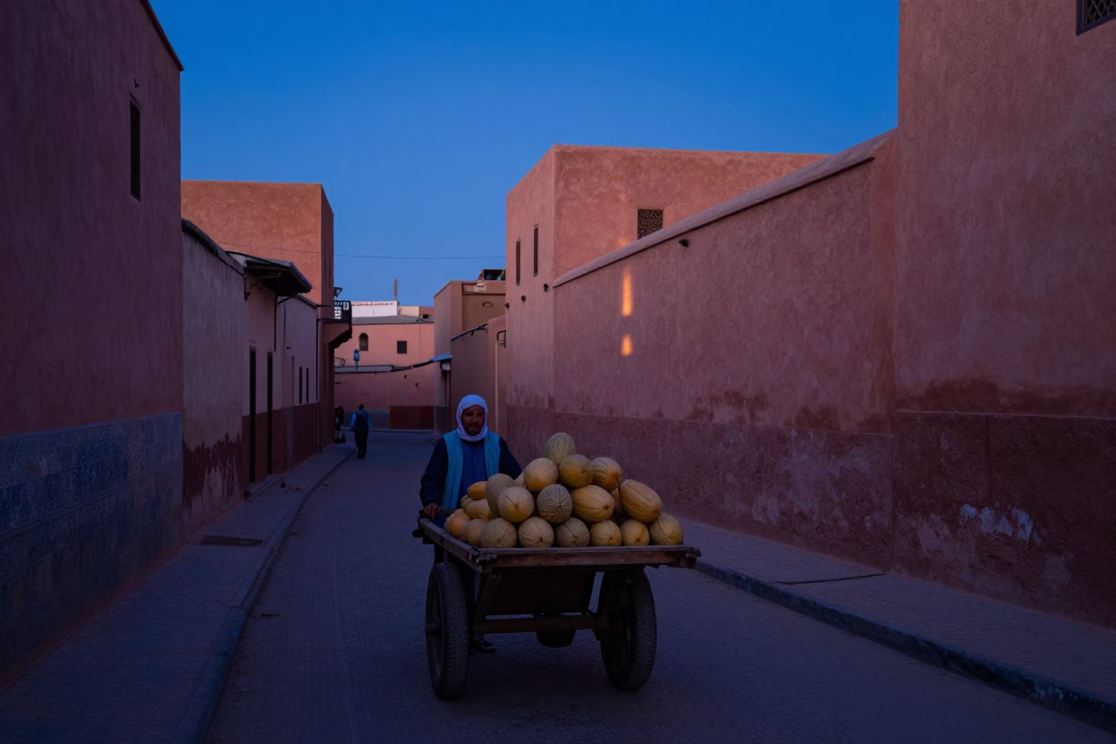 Marrakech Morocco Pre-Dawn Street Scene with Melons and Morning Light in in Marrakech, Morocco