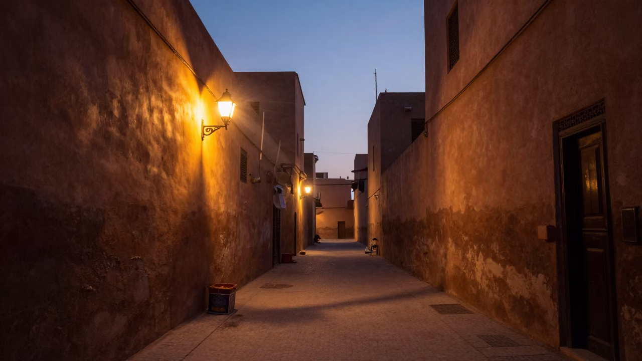 Marrakech Morocco Pre-Dawn Street Scene with Oil Lamp and Flour Dust on Stone in in Marrakech, Morocco