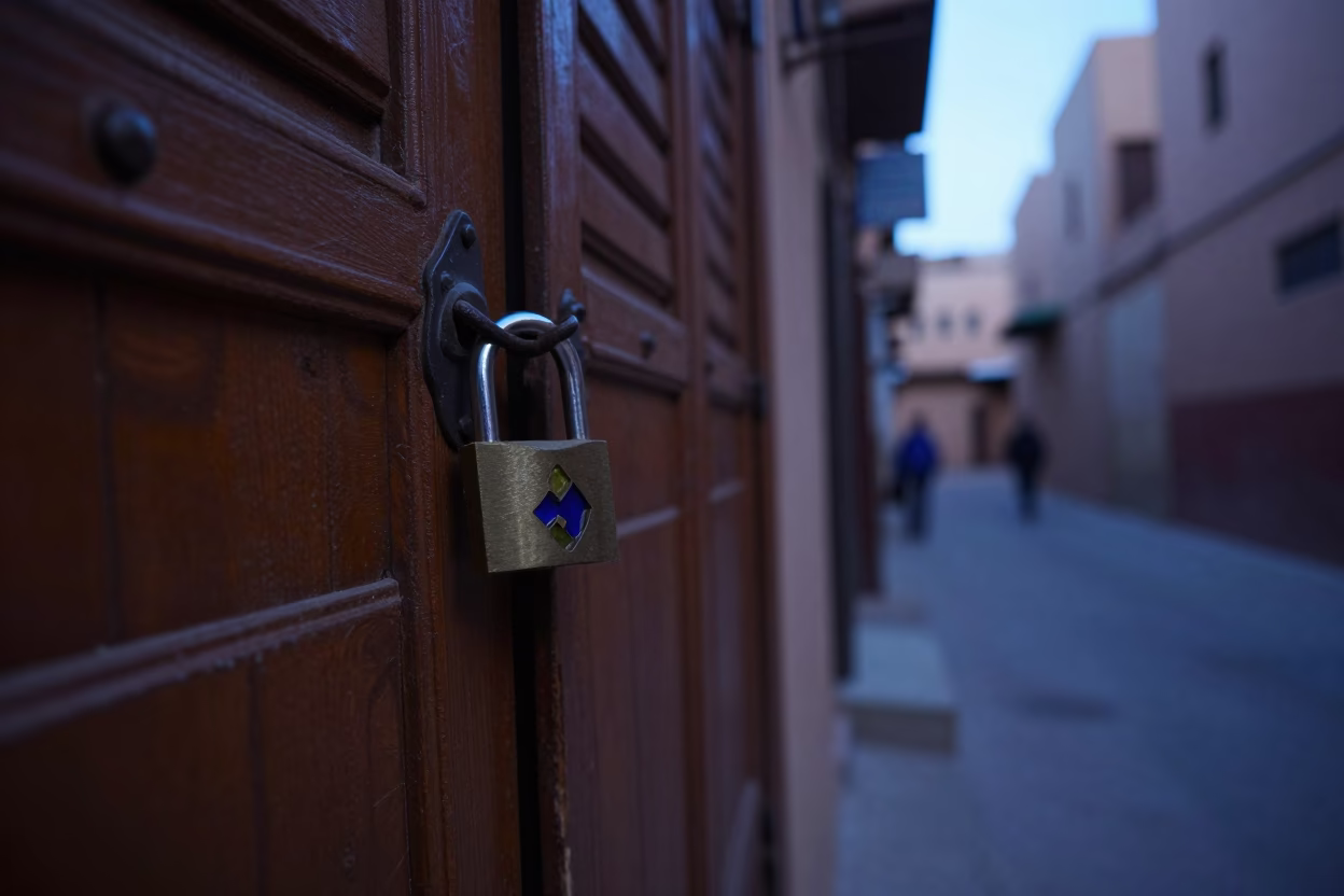 Marrakech Morocco Pre-Dawn Street Scene with Padlock and Colored Glass Bottle in in Marrakech, Morocco