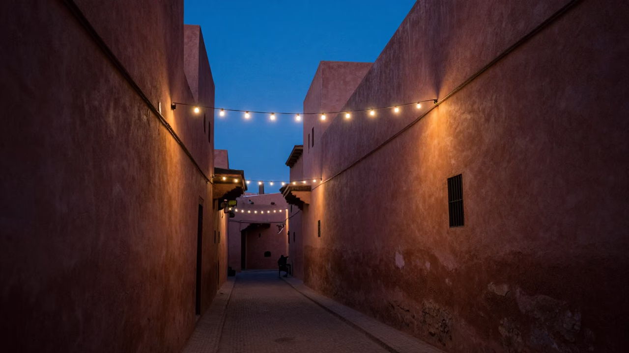 Marrakech Morocco Pre-Dawn Street Scene with String Lights and Quiet Alleyway in in Marrakech, Morocco
