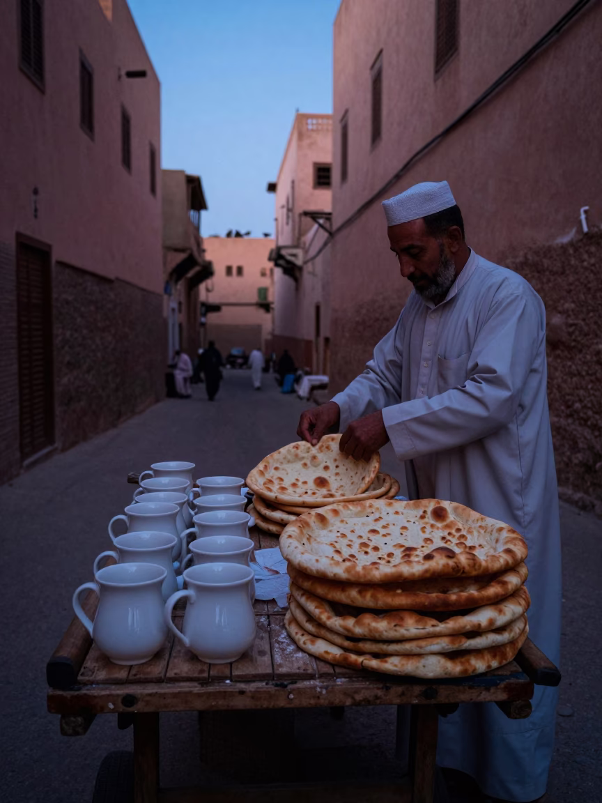 Marrakech Morocco Predawn Street Scene with Ceramic Mugs and Lavash Bread in in Marrakech, Morocco