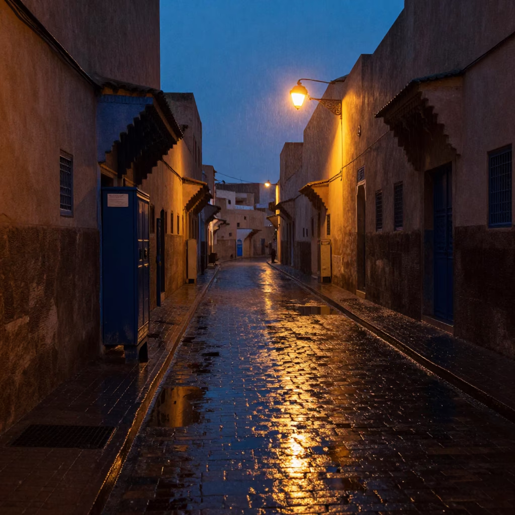 Marrakech Morocco Predawn Street Scene with Oil Sheen Rainwater and Traditional Architecture in in Marrakech, Morocco