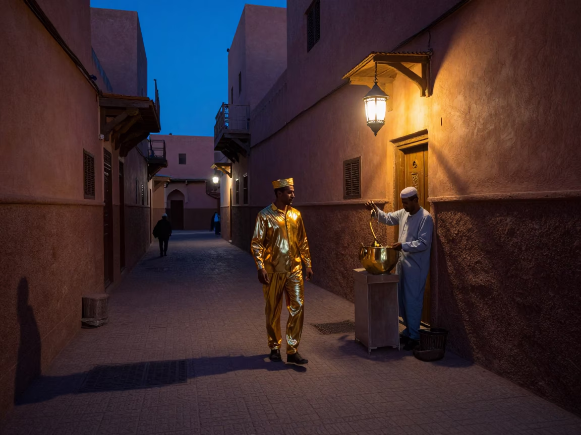 Marrakech Morocco predawn street scene with polished brass runner and saucepan in in Marrakech, Morocco