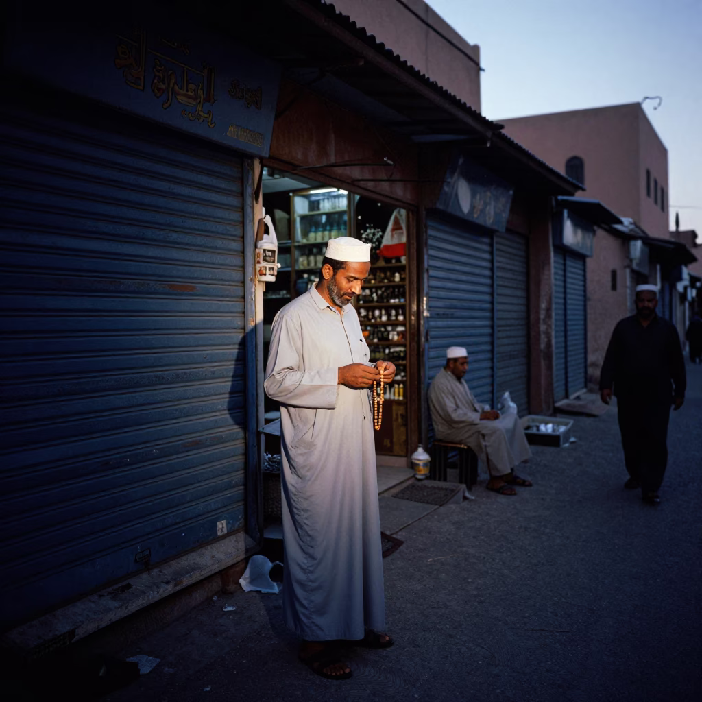 Marrakech Morocco Predawn Street Scene with Prayer Beads and Traditional Lantern Light in in Marrakech, Morocco