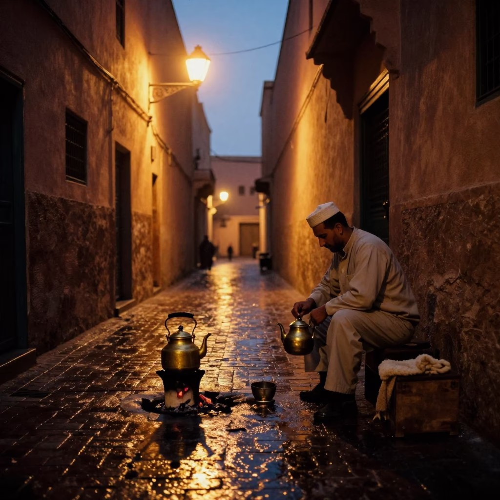Marrakech Morocco predawn street scene with tea kettle and wool scarves in in Marrakech, Morocco