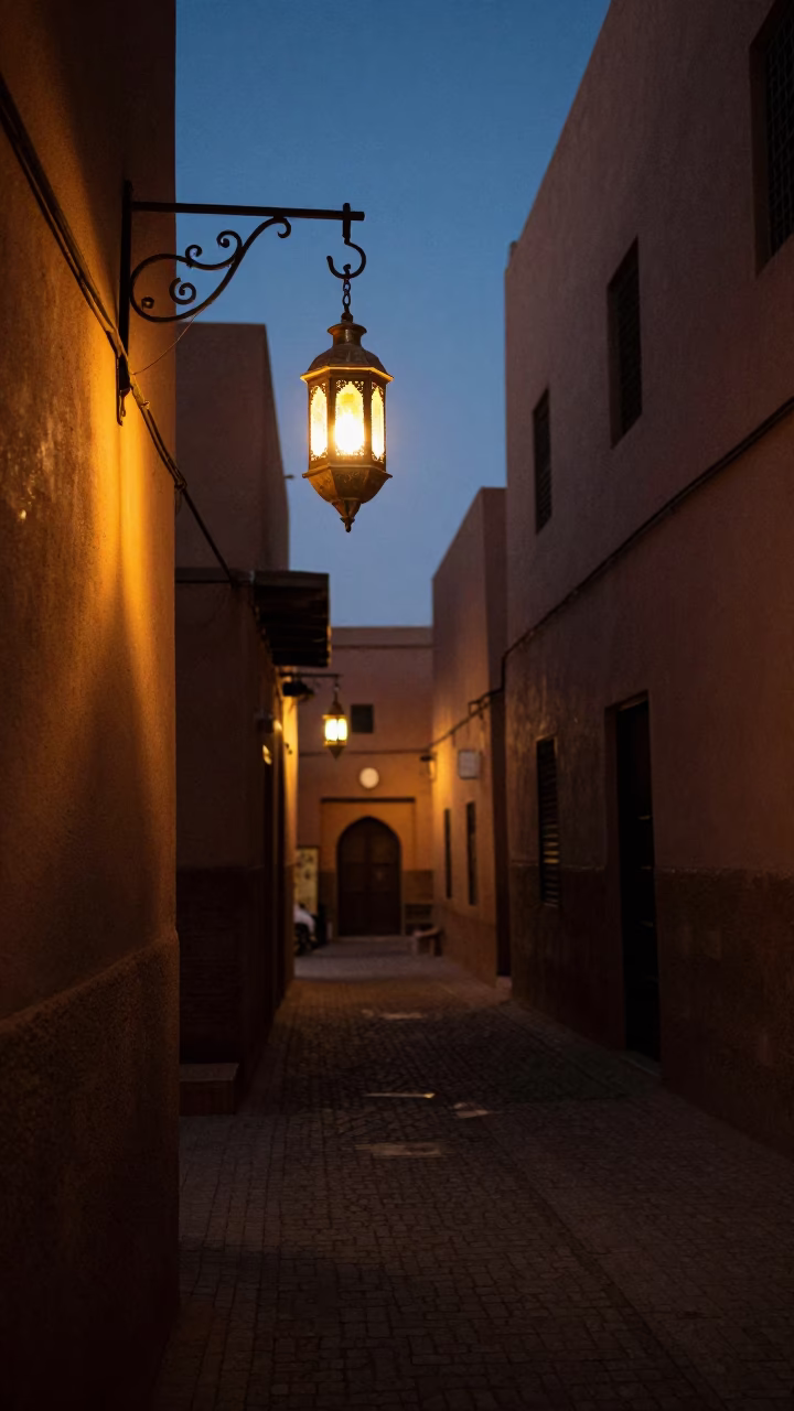 Marrakech Morocco predawn street scene with traditional lantern and local shop details in in Marrakech, Morocco