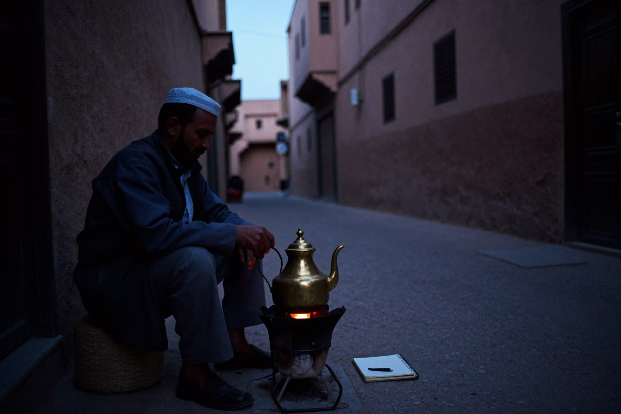 Marrakech Morocco Predawn Street Scene with Traditional Teapot and Notebook in in Marrakech, Morocco
