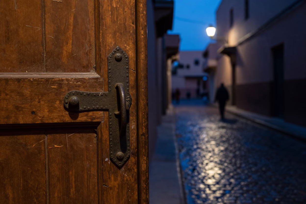 Marrakech Morocco Predawn Street Scene with Vintage Iron Deadbolt and Local Market Activity in in Marrakech, Morocco