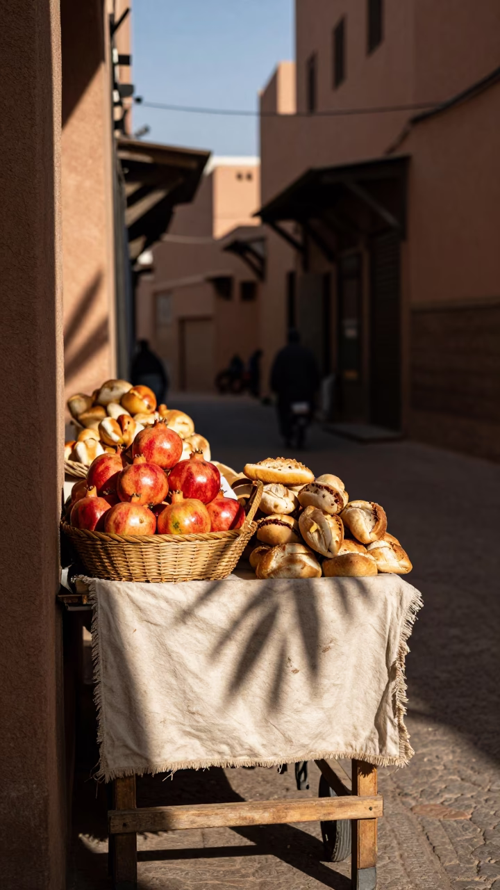 Marrakech Morocco Souk Stall Displaying Pomegranates and Bread in Late Afternoon Light in in Marrakech, Morocco