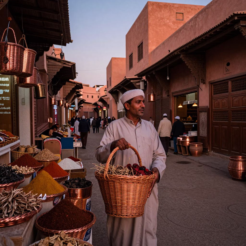 Marrakech Morocco Souk Street Scene Copper Dusk Light Wicker Basket Vendor in in Marrakech, Morocco