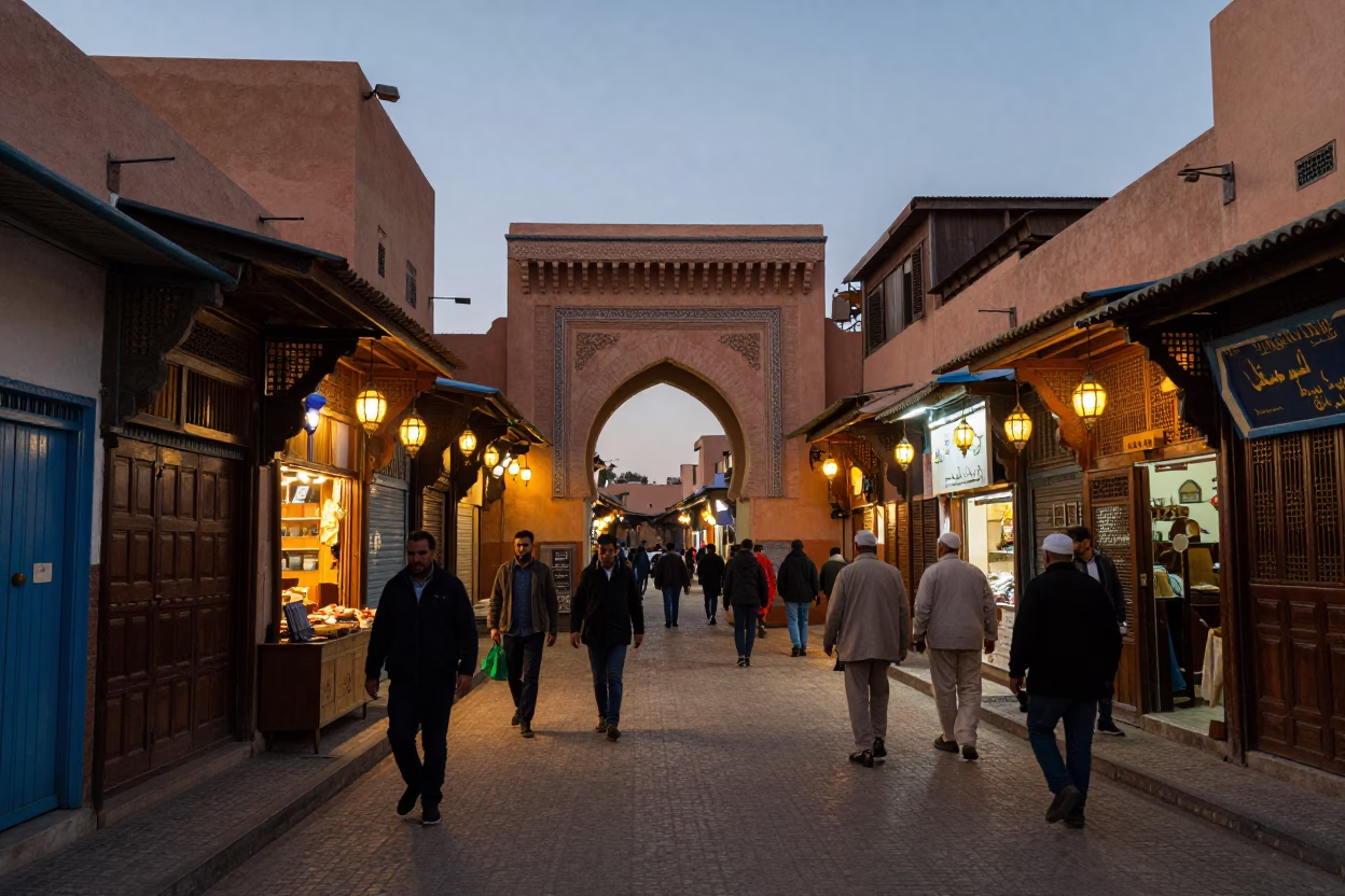 Marrakech Morocco Street Scene at Dusk with Traditional Lanterns and City Lights in in Marrakech, Morocco