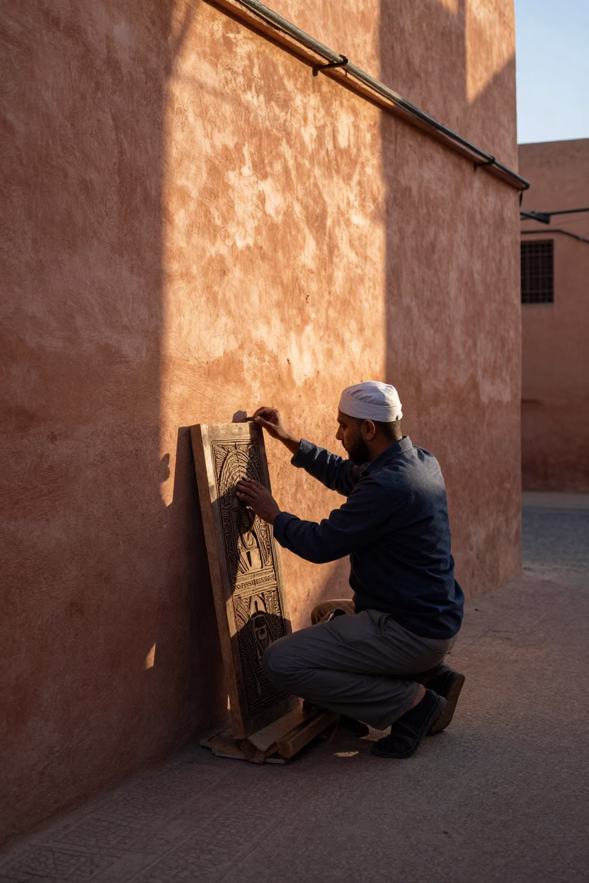 Marrakech Morocco Street Scene First Light with Artisan Carving Woodblock Plate in in Marrakech, Morocco
