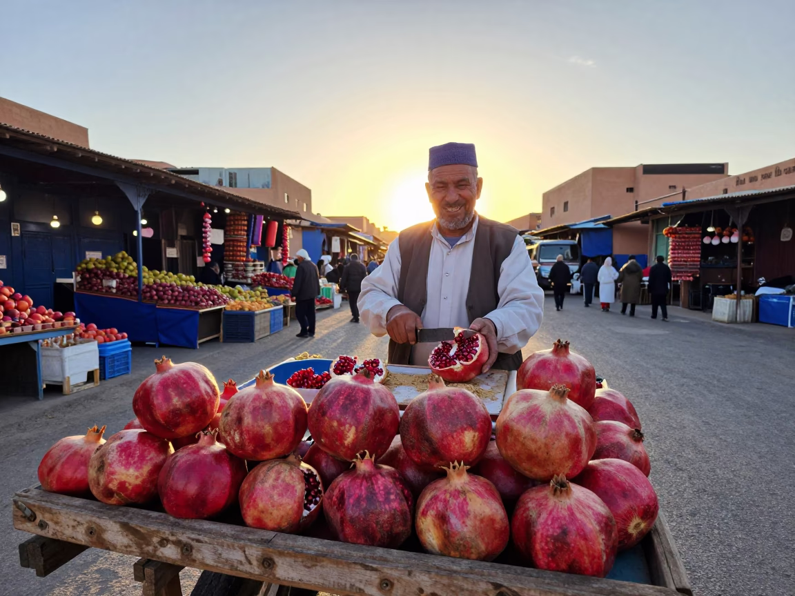 Marrakech Morocco Street Scene Golden Hour Pomegranate Seller at Jemaa el-Fnaa Market in in Marrakech, Morocco