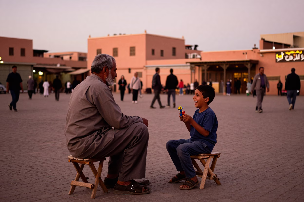 Marrakech Morocco Street Scene with Camp Stool and Local Interaction Before Dusk in in Marrakech, Morocco
