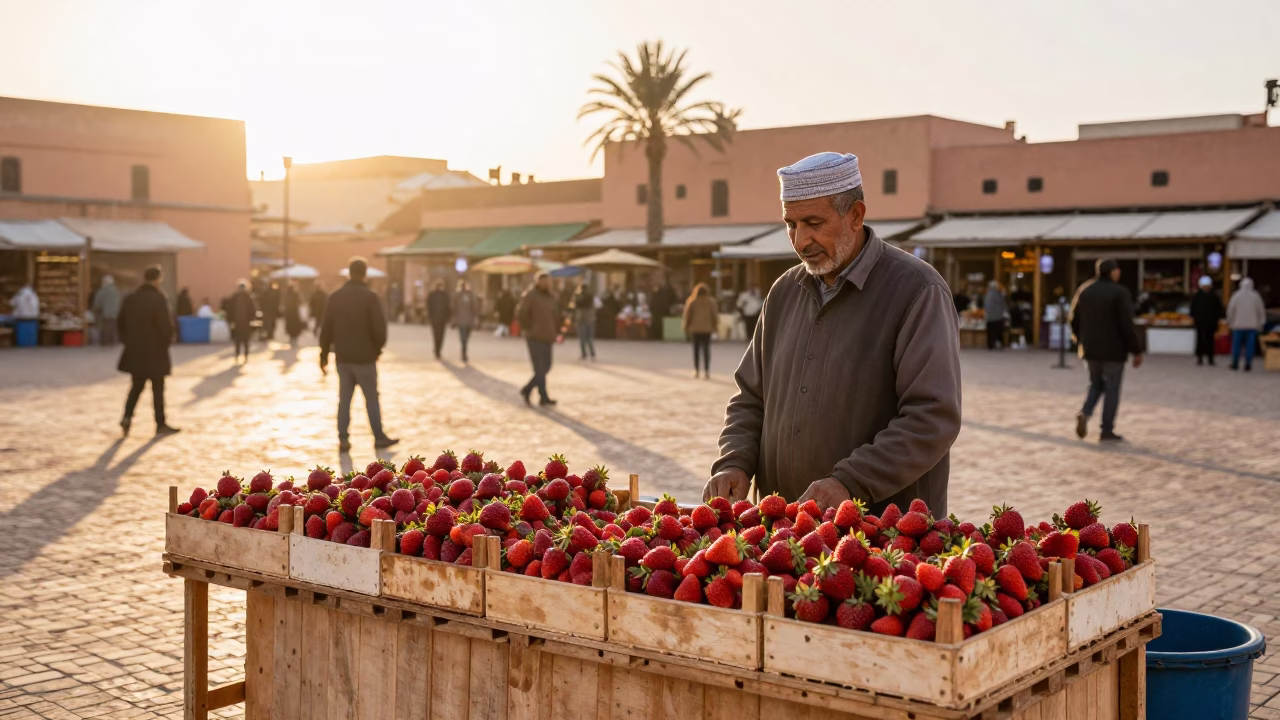 Marrakech Morocco Sunrise Market Scene with Wooden Crate and Strawberries in in Marrakech, Morocco