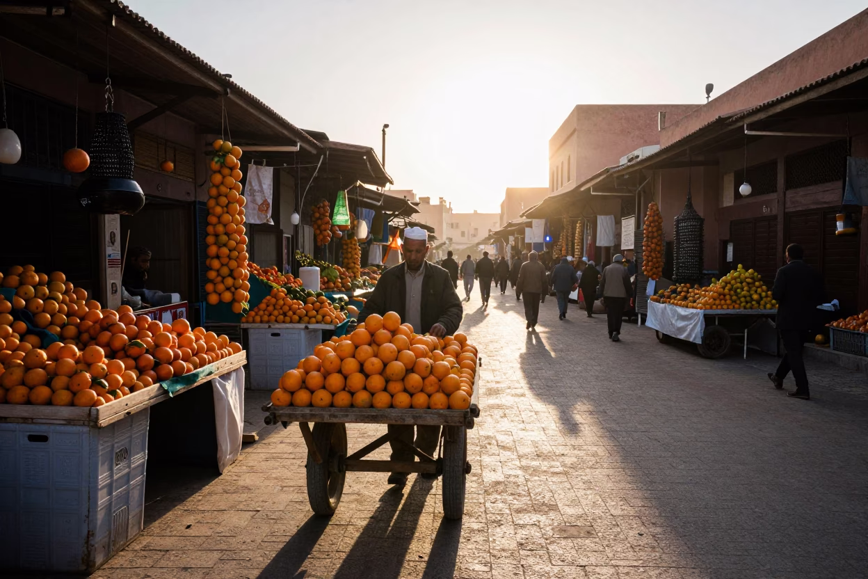 Marrakech Morocco Sunrise Street Scene with Oranges and Local Market Activity in in Marrakech, Morocco