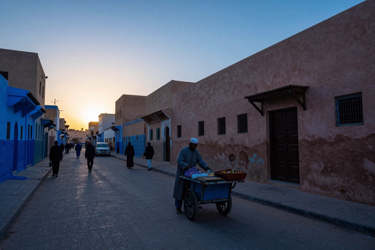 Marrakech Morocco Sunrise Street Scene with Tea Stains and Blue Porcelain Plate in in Marrakech, Morocco