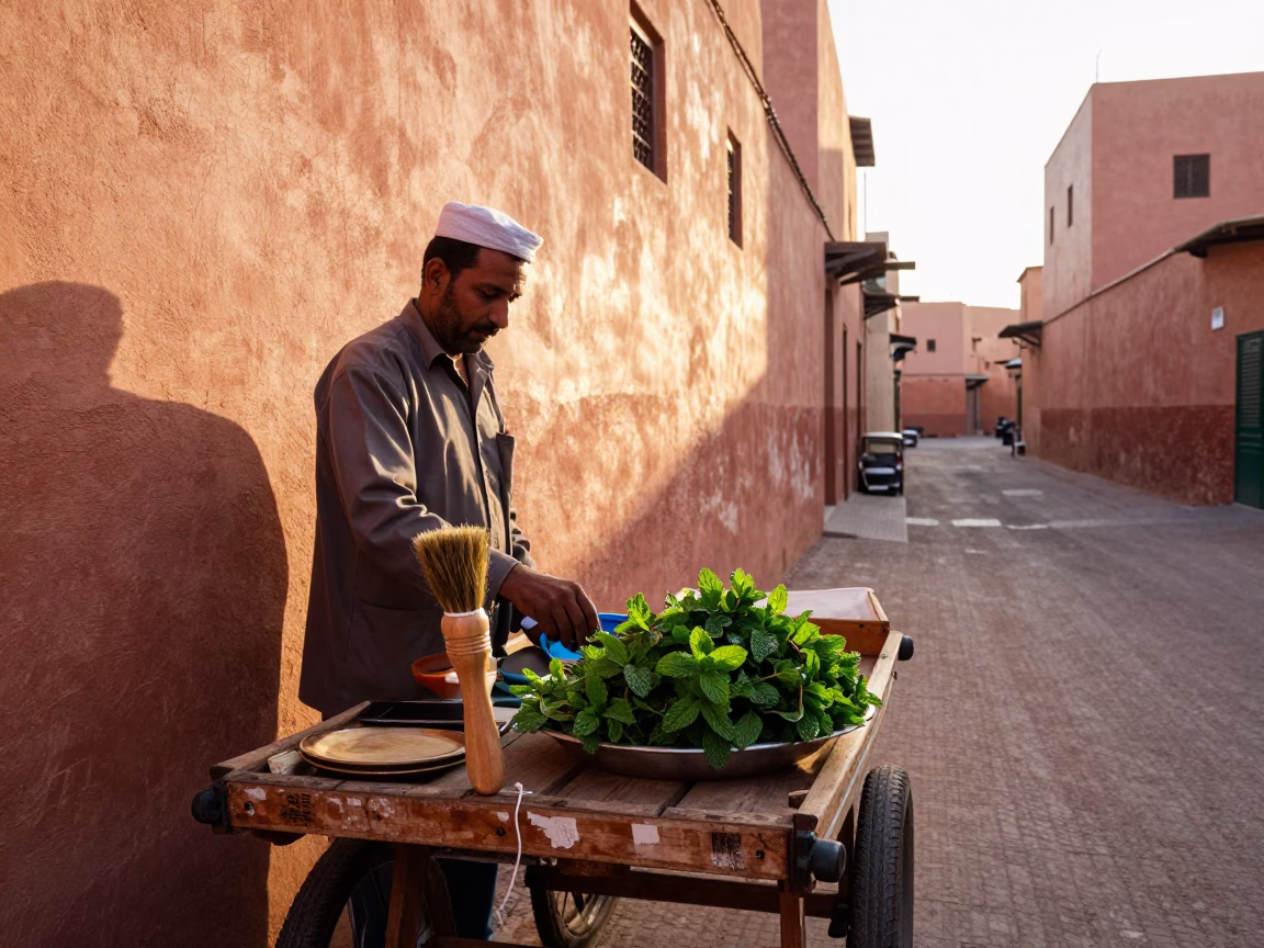 Marrakech Morocco Sunrise Street Scene with Traditional Brush and Serving Platter in in Marrakech, Morocco