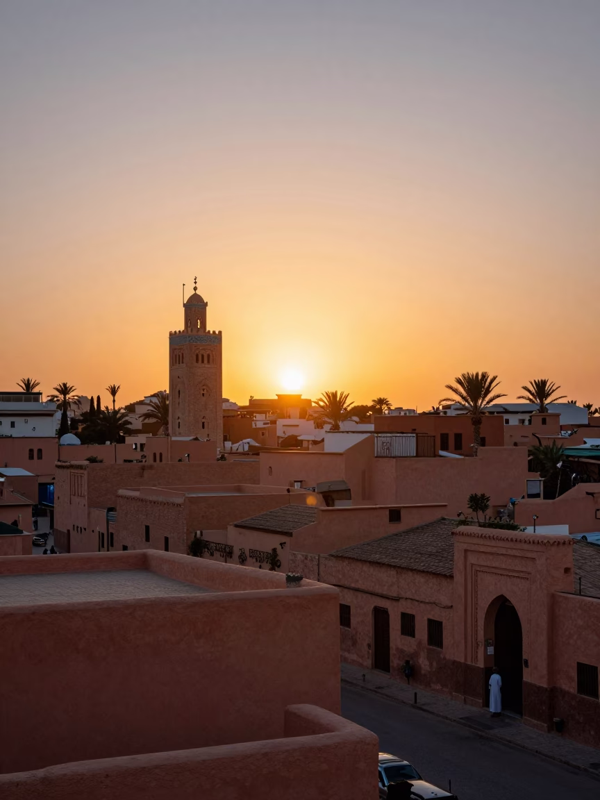 Marrakech Morocco Sunset Horizon View of Traditional Architecture and Street Life in in Marrakech, Morocco