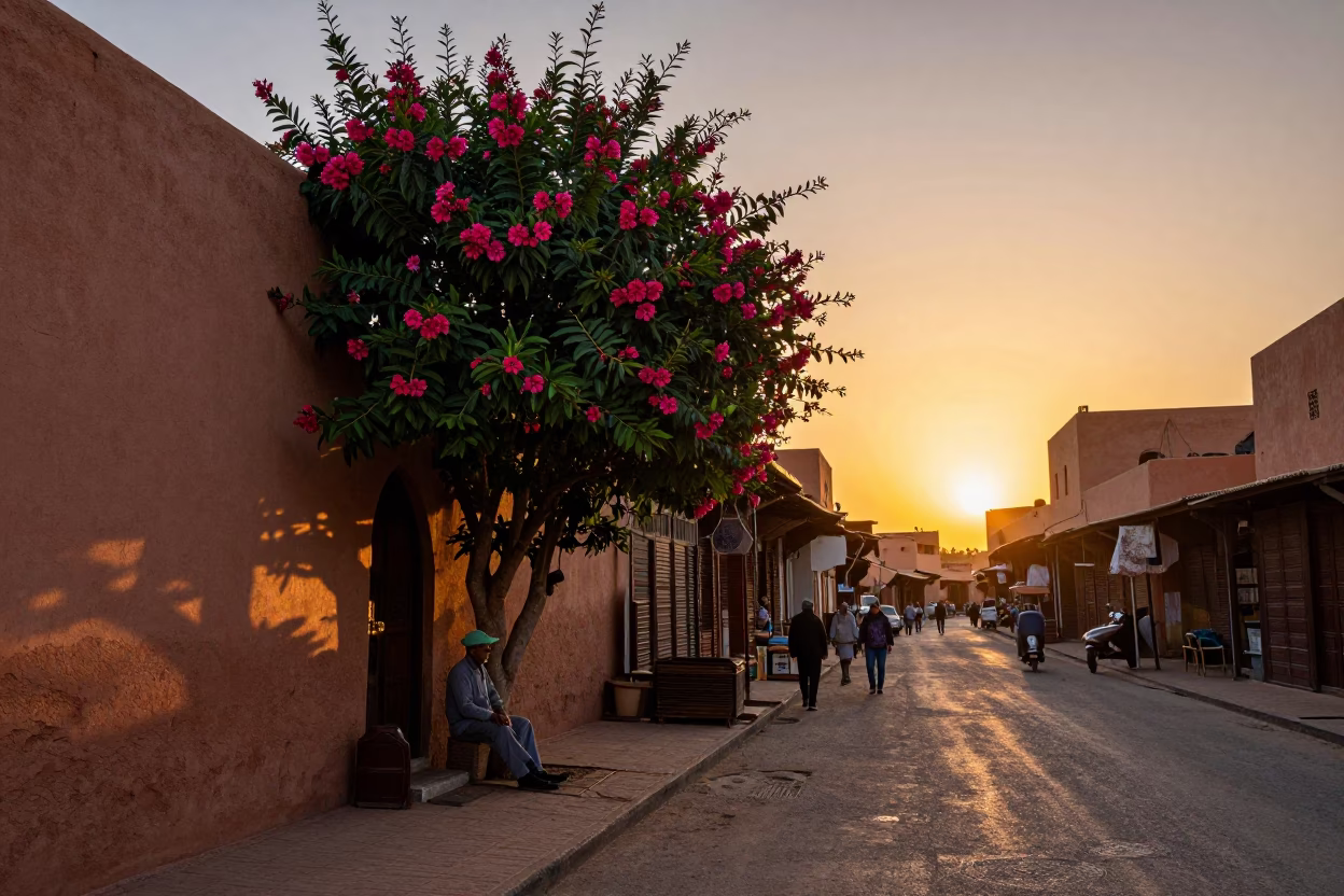Marrakech Morocco Sunset Street Scene with Gardener and Frangipani Flowers in in Marrakech, Morocco