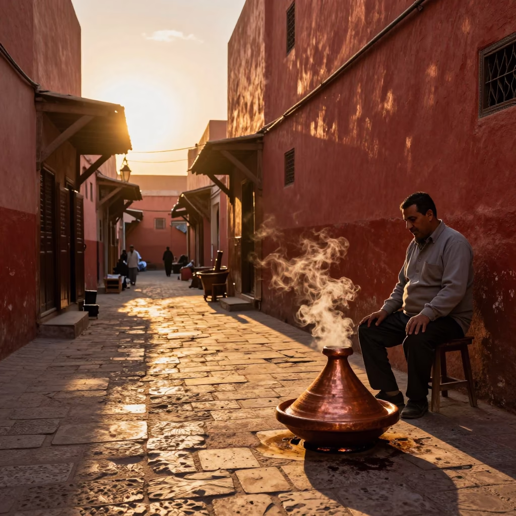 Marrakech Morocco Sunset Street Scene with Steaming Tagine Pot and Traditional Clay Pottery in in Marrakech, Morocco