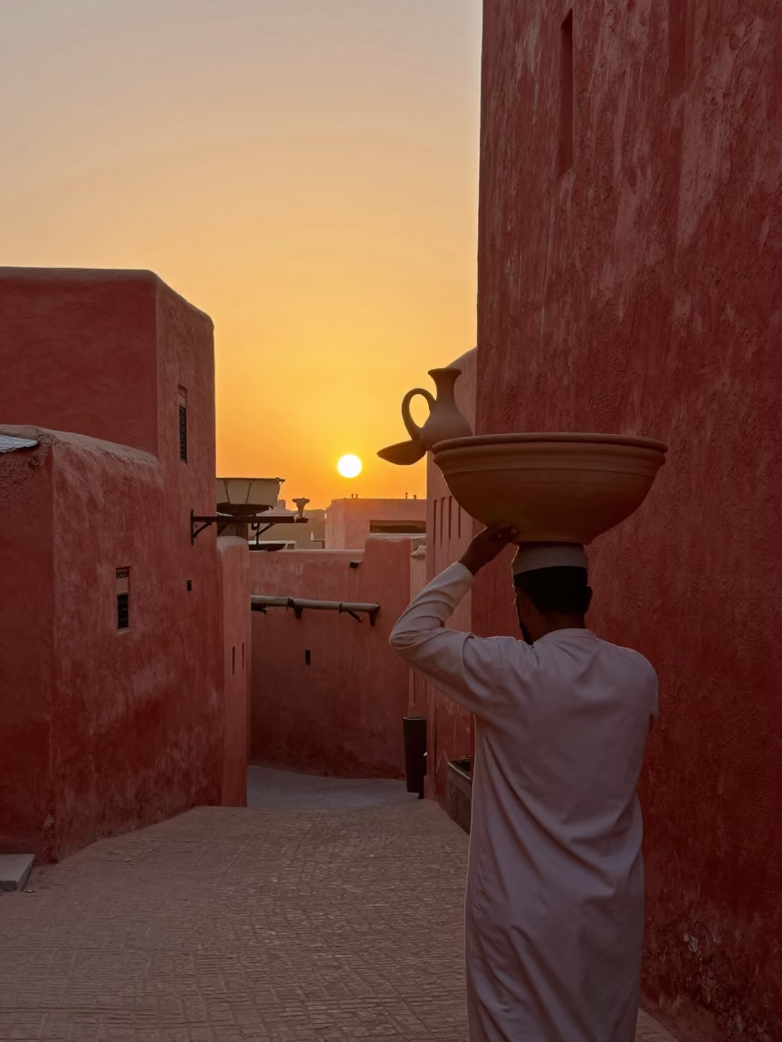 Marrakech Morocco Sunset Street Scene with Traditional Clay Tea Set and Bluebells in in Marrakech, Morocco