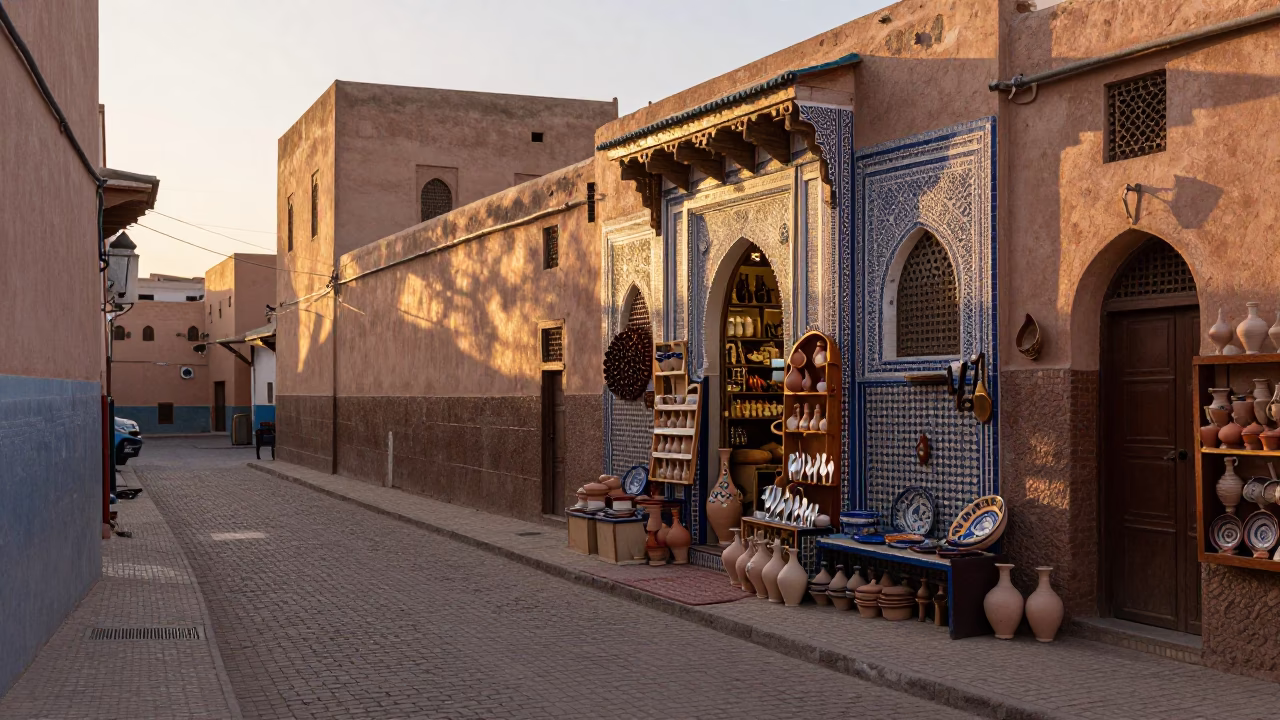 Marrakech Morocco sunset street scene with traditional pottery and cutlery display in in Marrakech, Morocco