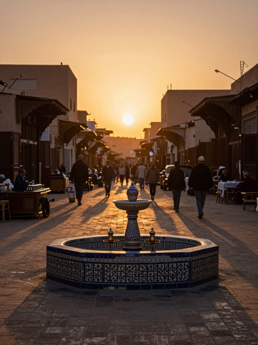 Marrakech Morocco Sunset Street Scene with Traditional Tea Service and Local Life in in Marrakech, Morocco