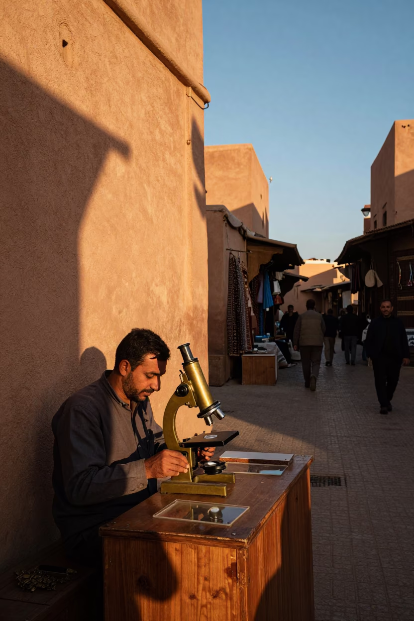 Marrakech Morocco Sunset Street Scene with Vintage Brass Microscope and Hydrangea Bush in in Marrakech, Morocco