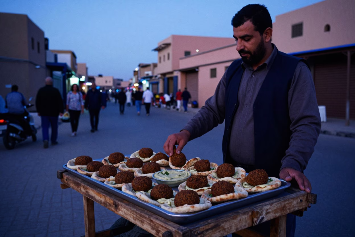 Marrakech Nautical Dawn Street Scene with Tray of Falafel and Tahini in in Marrakech, Morocco