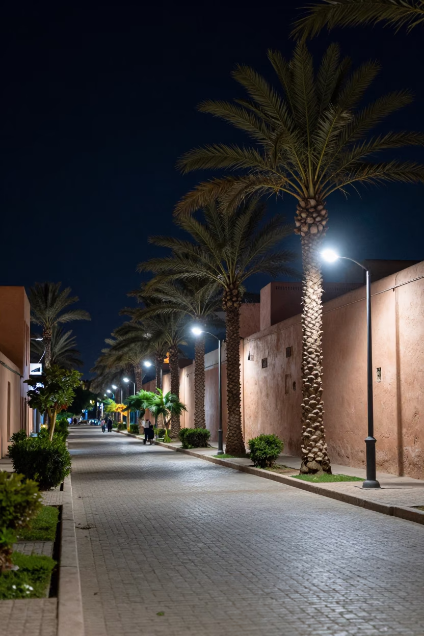 Marrakech Night Street Scene with Palm Tree Avenue and Local Life in in Marrakech, Morocco