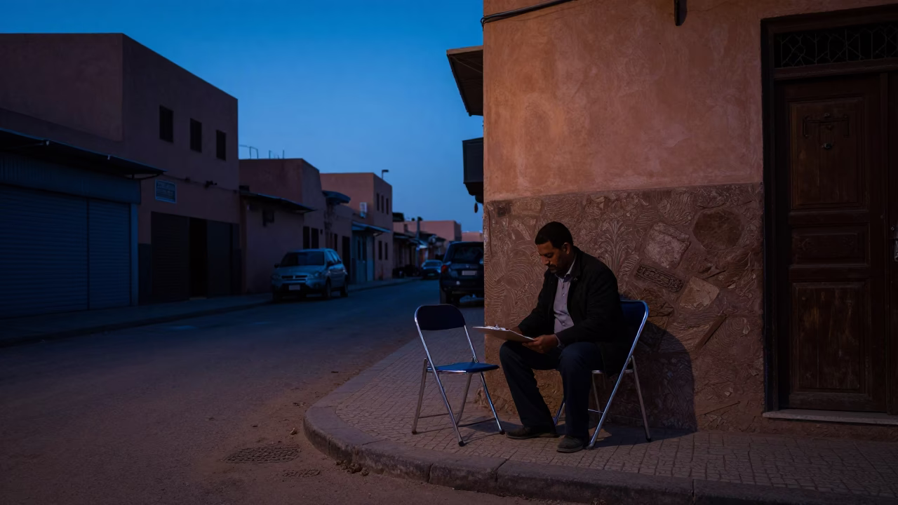 Marrakech Pre-Dawn Street Scene with Folding Chair and Clipboard in Morocco in in Marrakech, Morocco