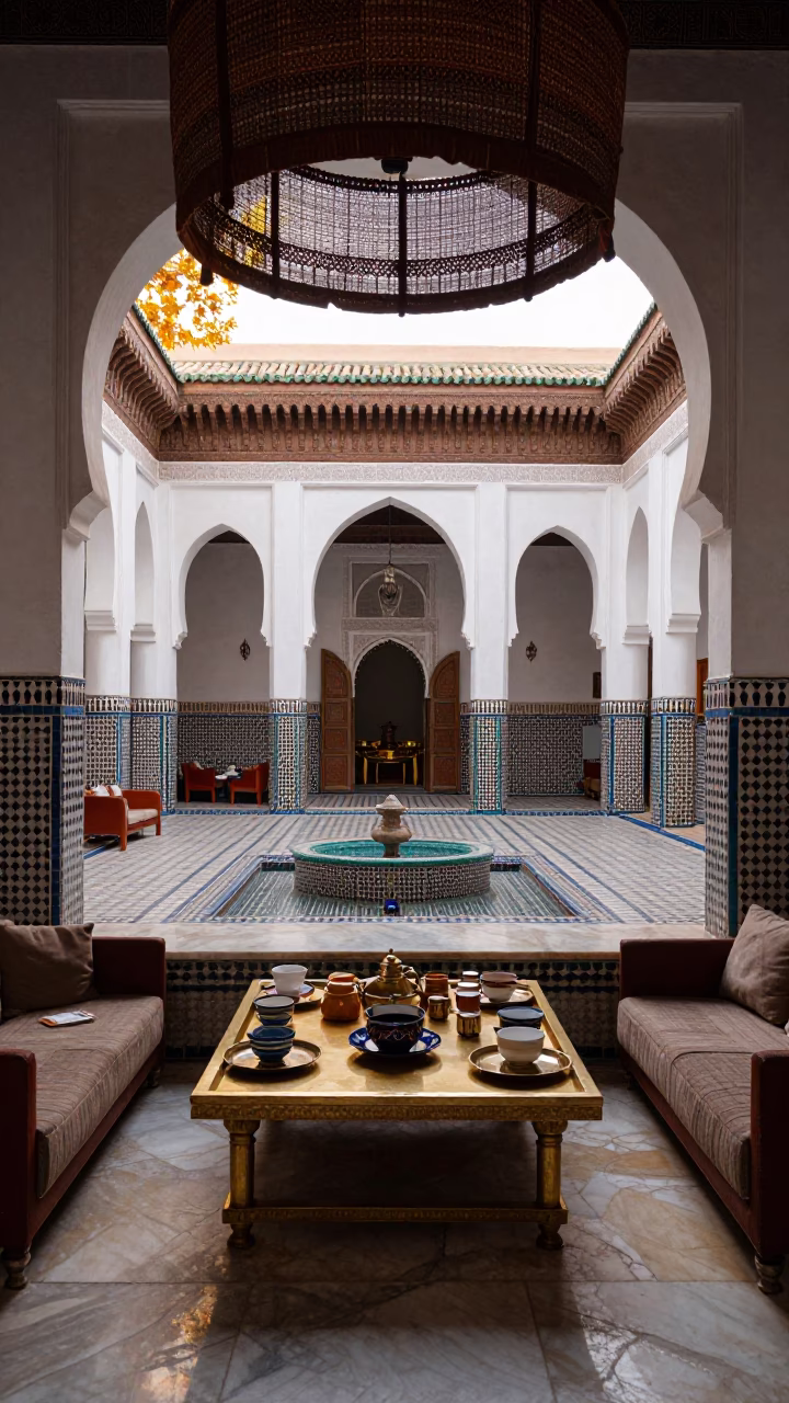 Marrakech Riad Breakfast Alcove Tiled Fountain in inside a hotel lobby in Marrakech