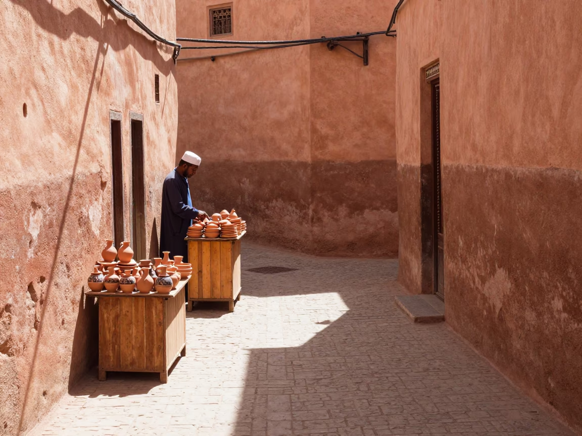 Marrakech Souk Alleyway Midday Light and Traditional Clay Pottery Display in in Marrakech, Morocco