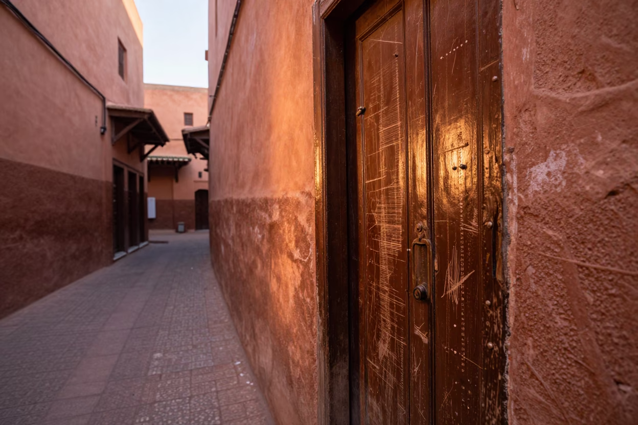 Marrakech Souk Alleyway with Scratched Wooden Doorframe and Peg Rails in Copper Dusk Light in in Marrakech, Morocco