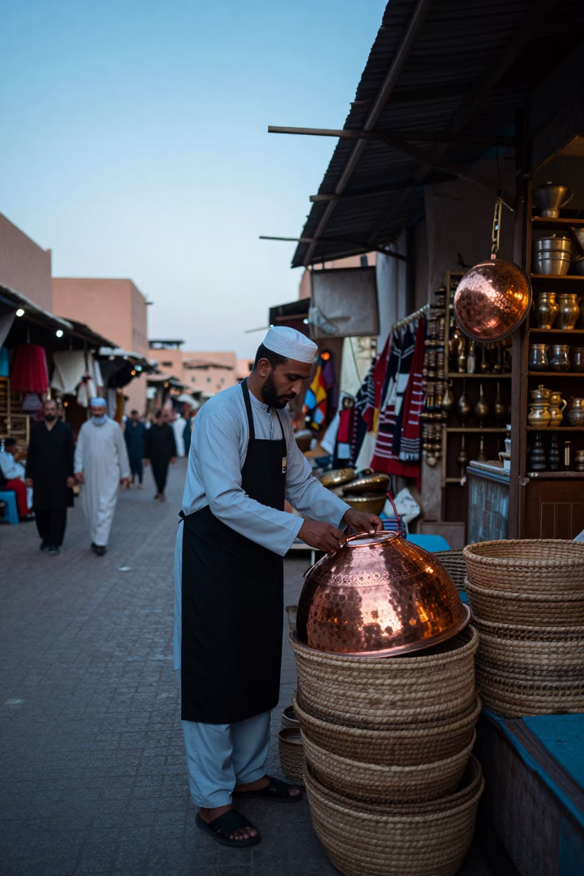 Marrakech Souk Artisan Apron and Copper Pot Lid at Dawn in in Marrakech, Morocco